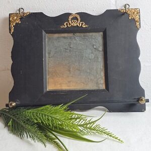 Antique French Black Scalloped Wall Mirror Brass Ormolu Hooks Entryway Organizer